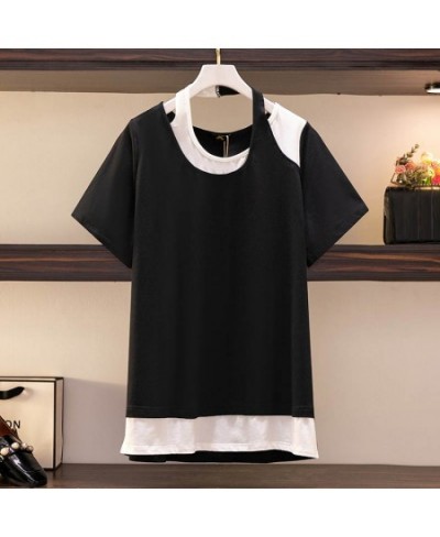 150Kg Plus Size Women's Bust 152 Contrast Stitching T-Shirt Summer Loose Short-Sleeved Fake Two-piece Top 5XL 6XL 7XL 8XL 9XL...