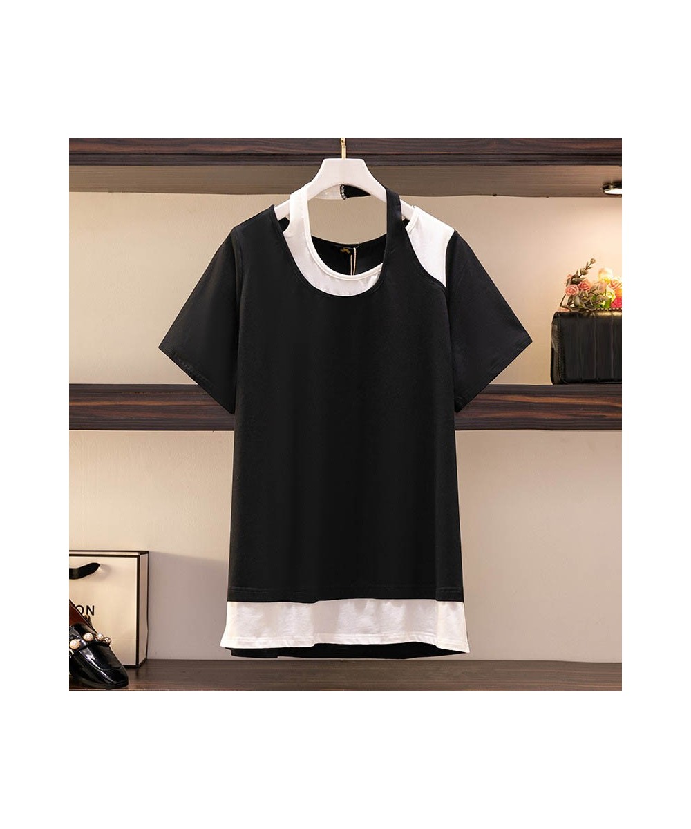 150Kg Plus Size Women's Bust 152 Contrast Stitching T-Shirt Summer Loose Short-Sleeved Fake Two-piece Top 5XL 6XL 7XL 8XL 9XL...