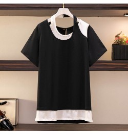 150Kg Plus Size Women's Bust 152 Contrast Stitching T-Shirt Summer Loose Short-Sleeved Fake Two-piece Top 5XL 6XL 7XL 8XL 9XL...