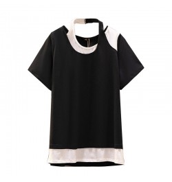 150Kg Plus Size Women's Bust 152 Contrast Stitching T-Shirt Summer Loose Short-Sleeved Fake Two-piece Top 5XL 6XL 7XL 8XL 9XL...