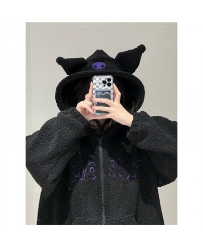 Kuromi Plush Warm Sweater Embroidery Hooded Lamb Fleece Autumn Winter Coat Y2k Sweet Girls Chic Loose Clothes For Women $51.6...