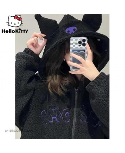 Kuromi Plush Warm Sweater Embroidery Hooded Lamb Fleece Autumn Winter Coat Y2k Sweet Girls Chic Loose Clothes For Women $51.6...