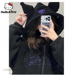 Kuromi Plush Warm Sweater Embroidery Hooded Lamb Fleece Autumn Winter Coat Y2k Sweet Girls Chic Loose Clothes For Women $51.6...