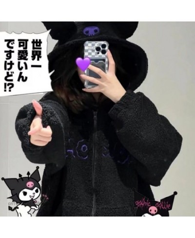 Kuromi Plush Warm Sweater Embroidery Hooded Lamb Fleece Autumn Winter Coat Y2k Sweet Girls Chic Loose Clothes For Women $51.6...