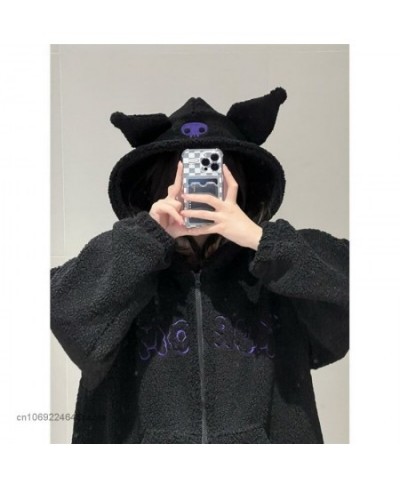 Kuromi Plush Warm Sweater Embroidery Hooded Lamb Fleece Autumn Winter Coat Y2k Sweet Girls Chic Loose Clothes For Women $51.6...