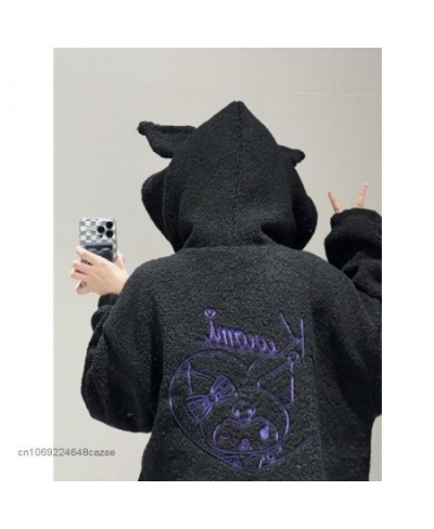 Kuromi Plush Warm Sweater Embroidery Hooded Lamb Fleece Autumn Winter Coat Y2k Sweet Girls Chic Loose Clothes For Women $51.6...