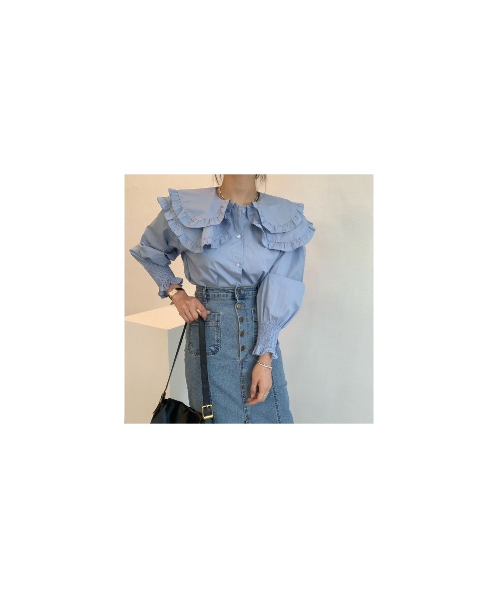 Korean Chic Double Ruffles Long Sleeve Blouses Women Fall Peter Pan Collor Shirts Femme Solid Puff Sleeve Tops Ropa Mujer 202...