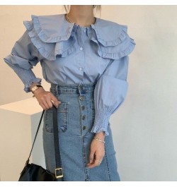 Korean Chic Double Ruffles Long Sleeve Blouses Women Fall Peter Pan Collor Shirts Femme Solid Puff Sleeve Tops Ropa Mujer 202...