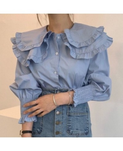 Korean Chic Double Ruffles Long Sleeve Blouses Women Fall Peter Pan Collor Shirts Femme Solid Puff Sleeve Tops Ropa Mujer 202...