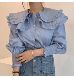 Korean Chic Double Ruffles Long Sleeve Blouses Women Fall Peter Pan Collor Shirts Femme Solid Puff Sleeve Tops Ropa Mujer 202...