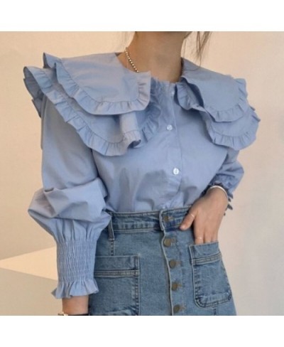 Korean Chic Double Ruffles Long Sleeve Blouses Women Fall Peter Pan Collor Shirts Femme Solid Puff Sleeve Tops Ropa Mujer 202...