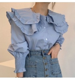 Korean Chic Double Ruffles Long Sleeve Blouses Women Fall Peter Pan Collor Shirts Femme Solid Puff Sleeve Tops Ropa Mujer 202...