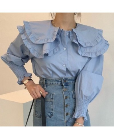 Korean Chic Double Ruffles Long Sleeve Blouses Women Fall Peter Pan Collor Shirts Femme Solid Puff Sleeve Tops Ropa Mujer 202...