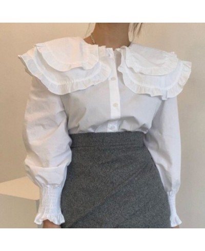 Korean Chic Double Ruffles Long Sleeve Blouses Women Fall Peter Pan Collor Shirts Femme Solid Puff Sleeve Tops Ropa Mujer 202...