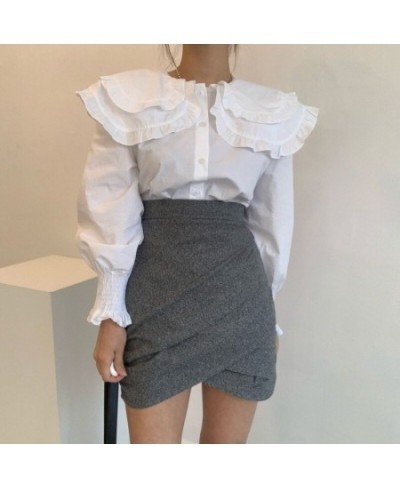 Korean Chic Double Ruffles Long Sleeve Blouses Women Fall Peter Pan Collor Shirts Femme Solid Puff Sleeve Tops Ropa Mujer 202...