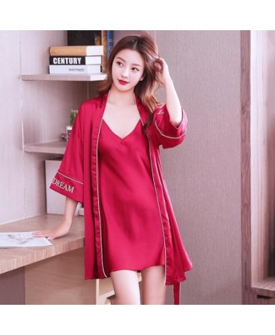 Casual Letter Kimono Robe Gown Suit Women Faux Silk Sleepwear Loose Bathrobe Sexy V-Neck Short Nightgown Summer Autumn $39.76...