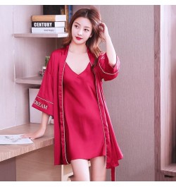 Casual Letter Kimono Robe Gown Suit Women Faux Silk Sleepwear Loose Bathrobe Sexy V-Neck Short Nightgown Summer Autumn $39.76...