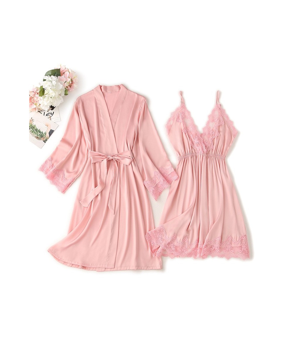 Women Pajamas Sets Sexy V-Neck Nightgown Satin Robe Home Wear Bathrobe + Mini Night Dress Sleepwear Suit $39.95 - Sleepwears