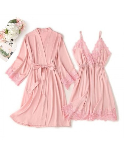 Women Pajamas Sets Sexy V-Neck Nightgown Satin Robe Home Wear Bathrobe + Mini Night Dress Sleepwear Suit $39.95 - Sleepwears