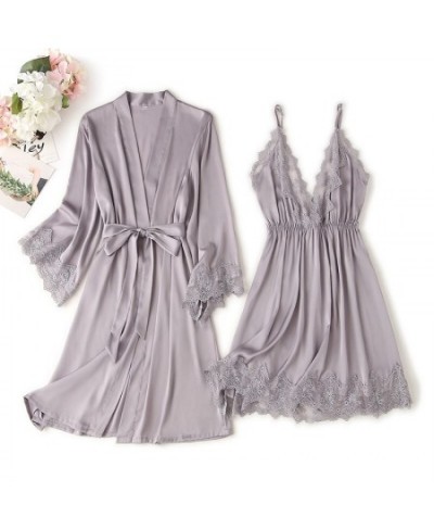 Women Pajamas Sets Sexy V-Neck Nightgown Satin Robe Home Wear Bathrobe + Mini Night Dress Sleepwear Suit $39.95 - Sleepwears