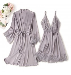 Women Pajamas Sets Sexy V-Neck Nightgown Satin Robe Home Wear Bathrobe + Mini Night Dress Sleepwear Suit $39.95 - Sleepwears