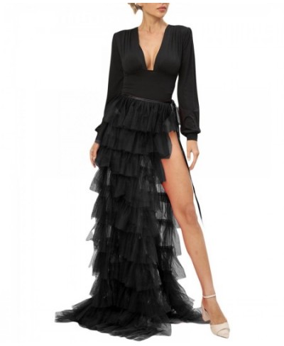 Women Tulle Tutu Long Skirt Multi-layer Ruffled Elastic Slit Mesh Cocktail Party Skirt for Beach Streetwear $37.42 - Skirts