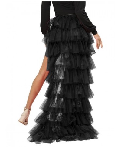 Women Tulle Tutu Long Skirt Multi-layer Ruffled Elastic Slit Mesh Cocktail Party Skirt for Beach Streetwear $37.42 - Skirts