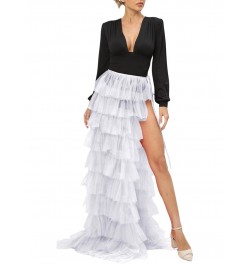 Women Tulle Tutu Long Skirt Multi-layer Ruffled Elastic Slit Mesh Cocktail Party Skirt for Beach Streetwear $37.42 - Skirts