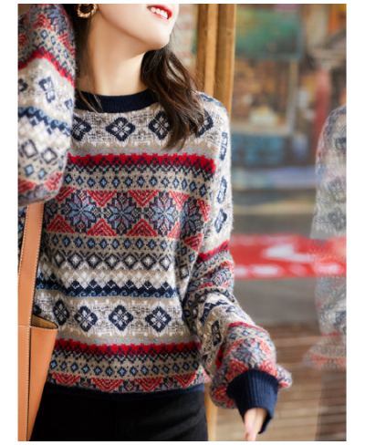 Autumn Winter Ethnic Style Wool Blend Knit Pullover Women O-neck Lantern Sleeve Sweater Loose Thicked Print Casual Sweater $5...