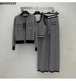 Jacquard Knitted 3 Piece Pant Set Women Vest & Cardigan & Wide Leg Pants Matching Set Outfits Vintage Fashion Ladies 3 Piece ...