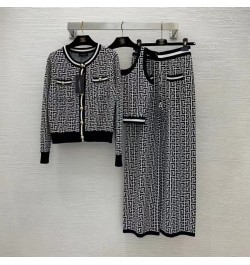 Jacquard Knitted 3 Piece Pant Set Women Vest & Cardigan & Wide Leg Pants Matching Set Outfits Vintage Fashion Ladies 3 Piece ...