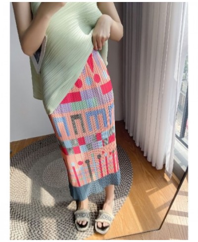 Midi Long Slit Skirt Women 2023 Summer Korean Fashion Geometric Print Aesthetic High Waist Pencil Pleated Skirt Female $36.71...