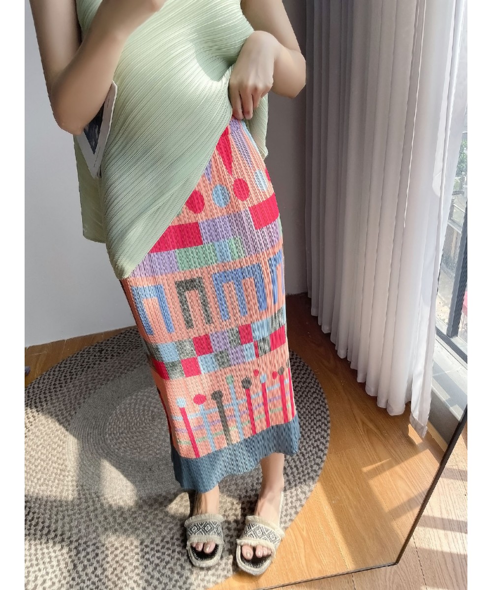 Midi Long Slit Skirt Women 2023 Summer Korean Fashion Geometric Print Aesthetic High Waist Pencil Pleated Skirt Female $36.71...