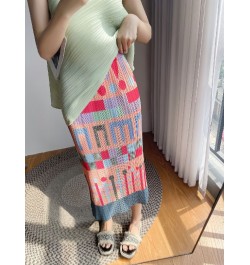 Midi Long Slit Skirt Women 2023 Summer Korean Fashion Geometric Print Aesthetic High Waist Pencil Pleated Skirt Female $36.71...