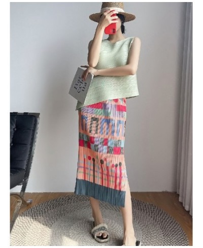 Midi Long Slit Skirt Women 2023 Summer Korean Fashion Geometric Print Aesthetic High Waist Pencil Pleated Skirt Female $36.71...