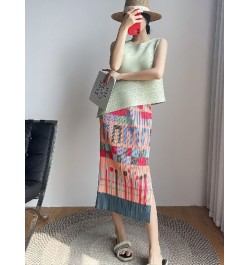 Midi Long Slit Skirt Women 2023 Summer Korean Fashion Geometric Print Aesthetic High Waist Pencil Pleated Skirt Female $36.71...