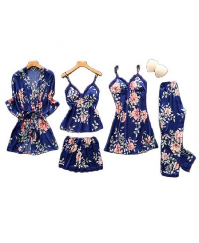 Navy Blue Womens 5PC Strap Top Pants Suit Pajamas Sleepwear Sets Spring Autumn Home Wear Nightwear Kimono Robe Bath Gown M-XX...