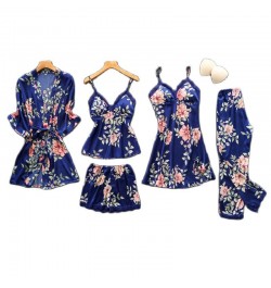 Navy Blue Womens 5PC Strap Top Pants Suit Pajamas Sleepwear Sets Spring Autumn Home Wear Nightwear Kimono Robe Bath Gown M-XX...