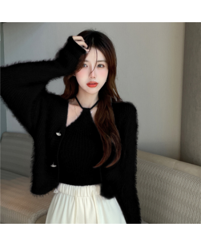 Mohair Knitted Two Pieces Set Women 2023 Korean Chic Crop Cardigan + Halter Tops Vest Laides Casual Spring Sexy Outfits $40.4...