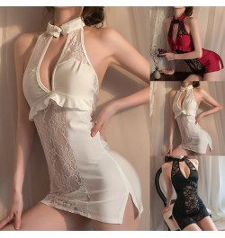 Womens Sexy Lace Keyhole Front Lingerie Halter Chemise Sleepwear Mesh Mini Slip Dress Ladies Night Shirts $25.49 - Sleepwears