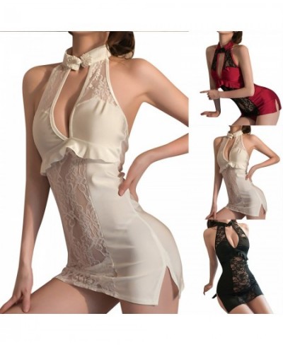 Womens Sexy Lace Keyhole Front Lingerie Halter Chemise Sleepwear Mesh Mini Slip Dress Ladies Night Shirts $25.49 - Sleepwears