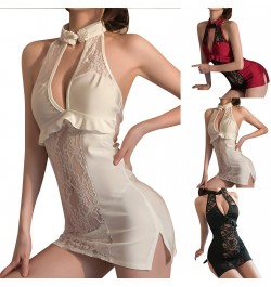 Womens Sexy Lace Keyhole Front Lingerie Halter Chemise Sleepwear Mesh Mini Slip Dress Ladies Night Shirts $25.49 - Sleepwears