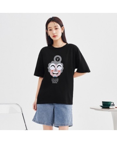 Women T-shirt 2023 Spring Short Sleeve O Neck Loose Tees Smile Face Print Black Pink Blue Pure Cotton Casual Chic Tops $30.17...