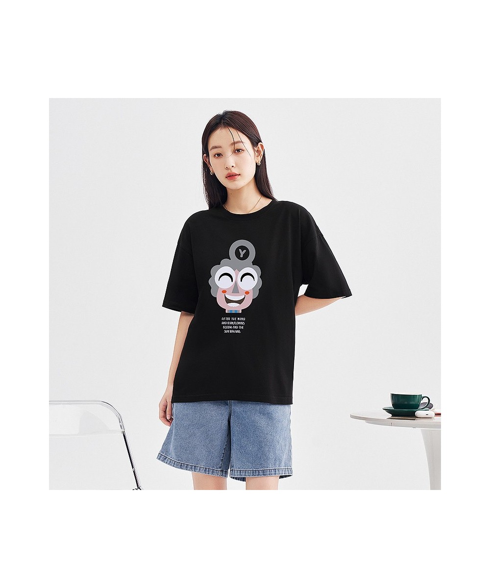 Women T-shirt 2023 Spring Short Sleeve O Neck Loose Tees Smile Face Print Black Pink Blue Pure Cotton Casual Chic Tops $30.17...