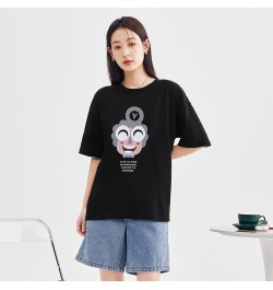 Women T-shirt 2023 Spring Short Sleeve O Neck Loose Tees Smile Face Print Black Pink Blue Pure Cotton Casual Chic Tops $30.17...