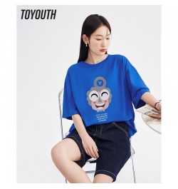 Women T-shirt 2023 Spring Short Sleeve O Neck Loose Tees Smile Face Print Black Pink Blue Pure Cotton Casual Chic Tops $30.17...