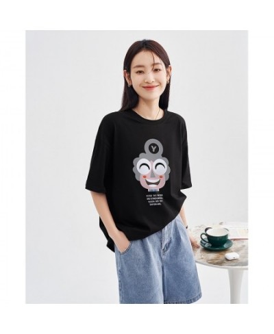 Women T-shirt 2023 Spring Short Sleeve O Neck Loose Tees Smile Face Print Black Pink Blue Pure Cotton Casual Chic Tops $30.17...