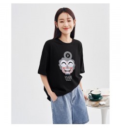 Women T-shirt 2023 Spring Short Sleeve O Neck Loose Tees Smile Face Print Black Pink Blue Pure Cotton Casual Chic Tops $30.17...