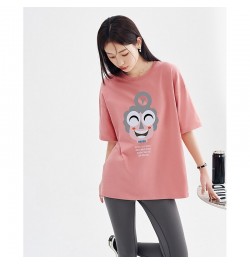 Women T-shirt 2023 Spring Short Sleeve O Neck Loose Tees Smile Face Print Black Pink Blue Pure Cotton Casual Chic Tops $30.17...