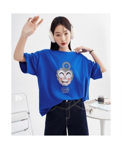 Women T-shirt 2023 Spring Short Sleeve O Neck Loose Tees Smile Face Print Black Pink Blue Pure Cotton Casual Chic Tops $30.17...